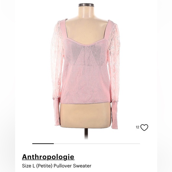 Anthropologie Pink Lace-Sleeve Sweater w/ sweetheart neckline, sz L petite - Picture 2 of 5